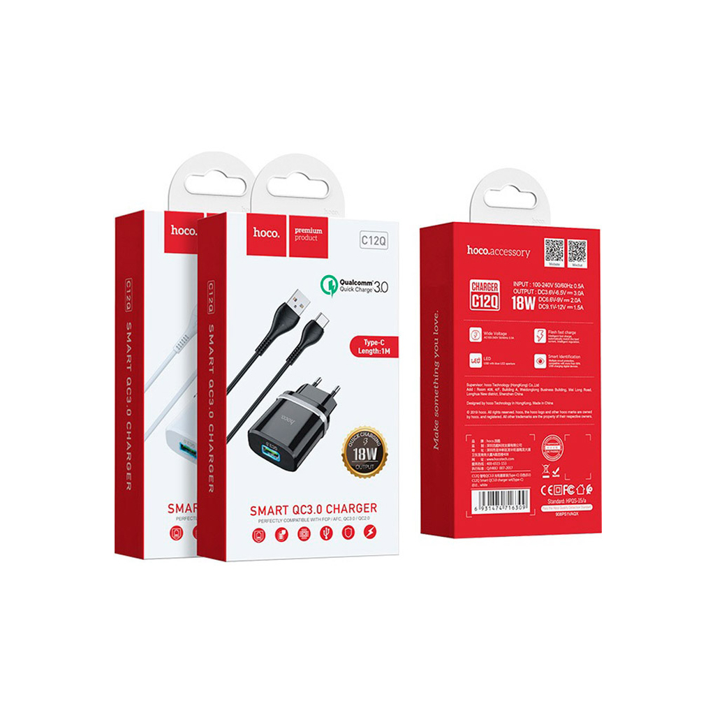 Зарядний пристрій HOCO C12Q Smart USB QC3.0 + cable USB to USB-C 18W Black (6931474716293) - зображення 4