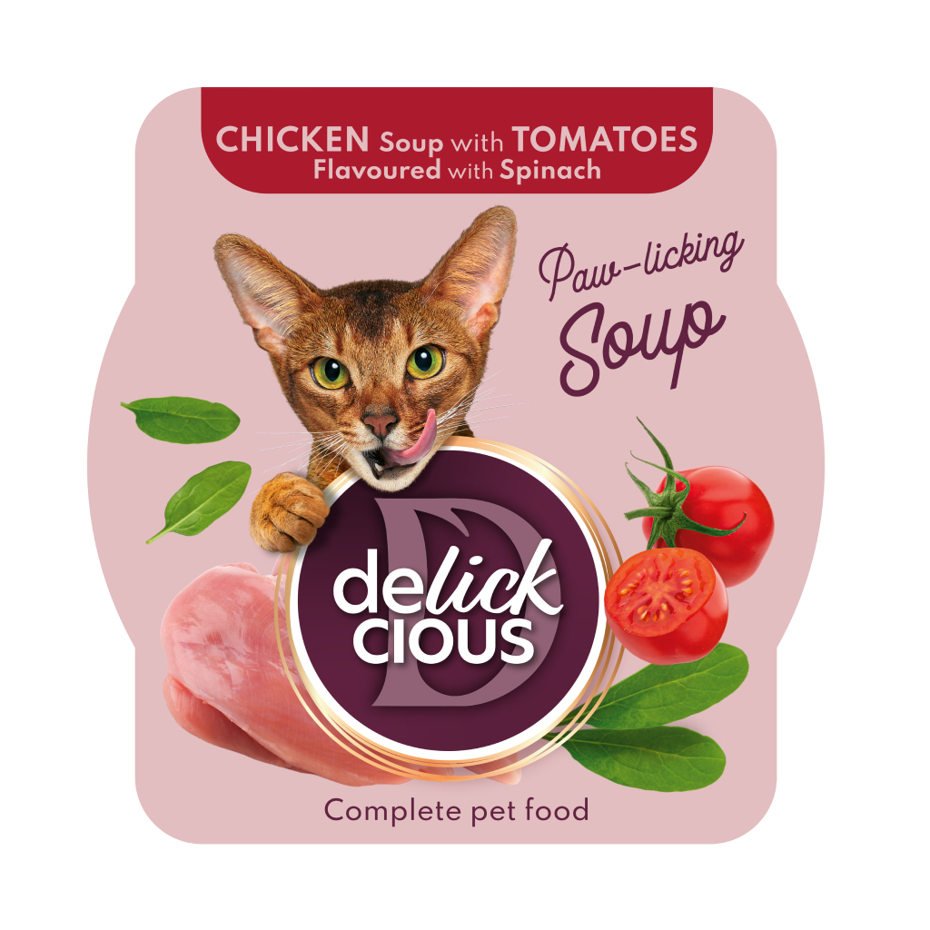 Вологий корм для кішок Delickcious Суп з курки з томатами та додаванням шпинату 80 г (4820269141551) - зображення 1
