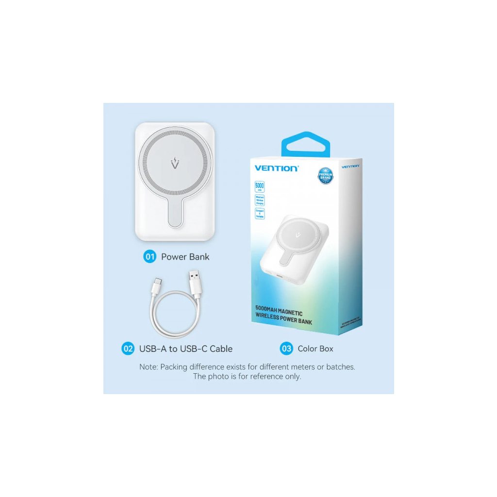 Батарея універсальна Vention Magnetic Wireless 5000mAh 20W 3A, PD USB-C, Light Indicator, White (FHSW0) - изображение 3