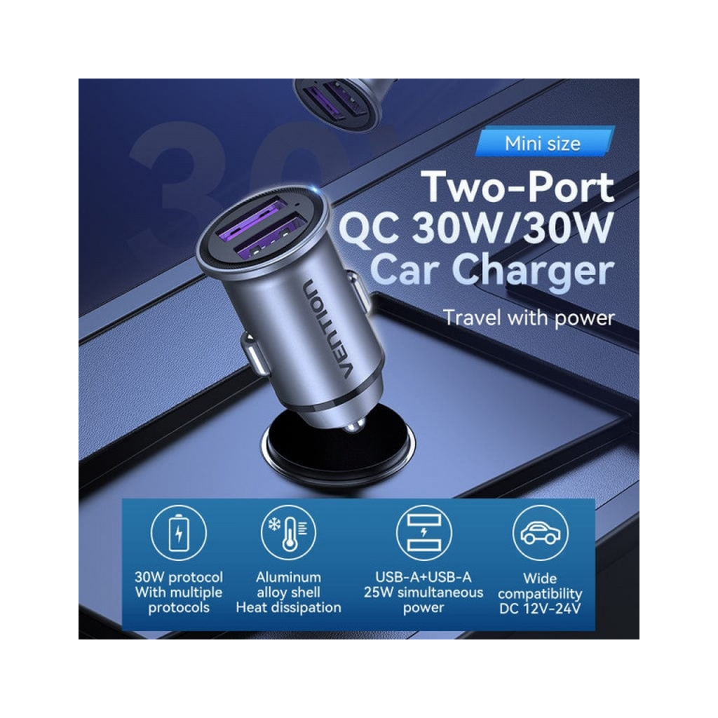 Зарядний пристрій Vention 2USB-A 30W QC3.0 Gray Mini Style Aluminium Alloy Type (FFEH0) - зображення 5