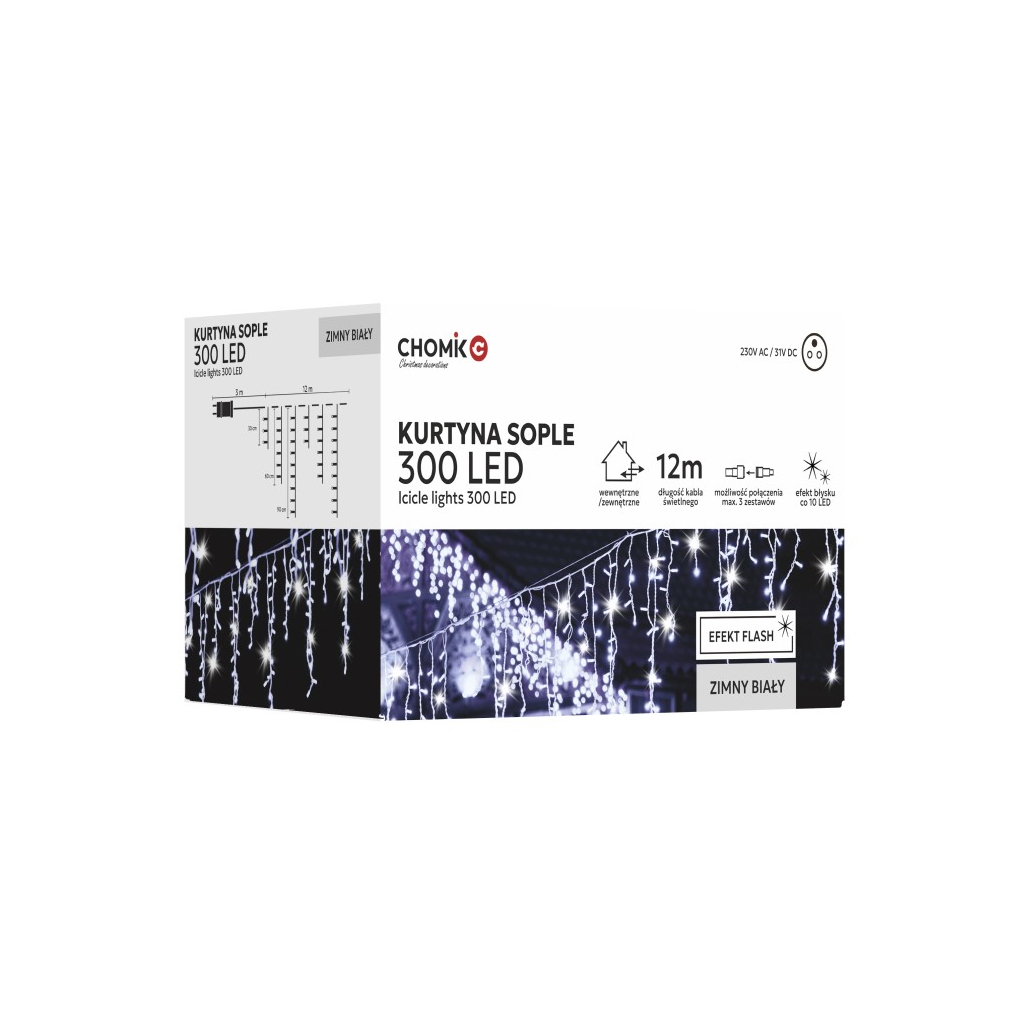 Гірлянда Chomik Бахрома 300 LED 12 м, холодний білий, IP44, від мережі (5900779879850) - зображення 1