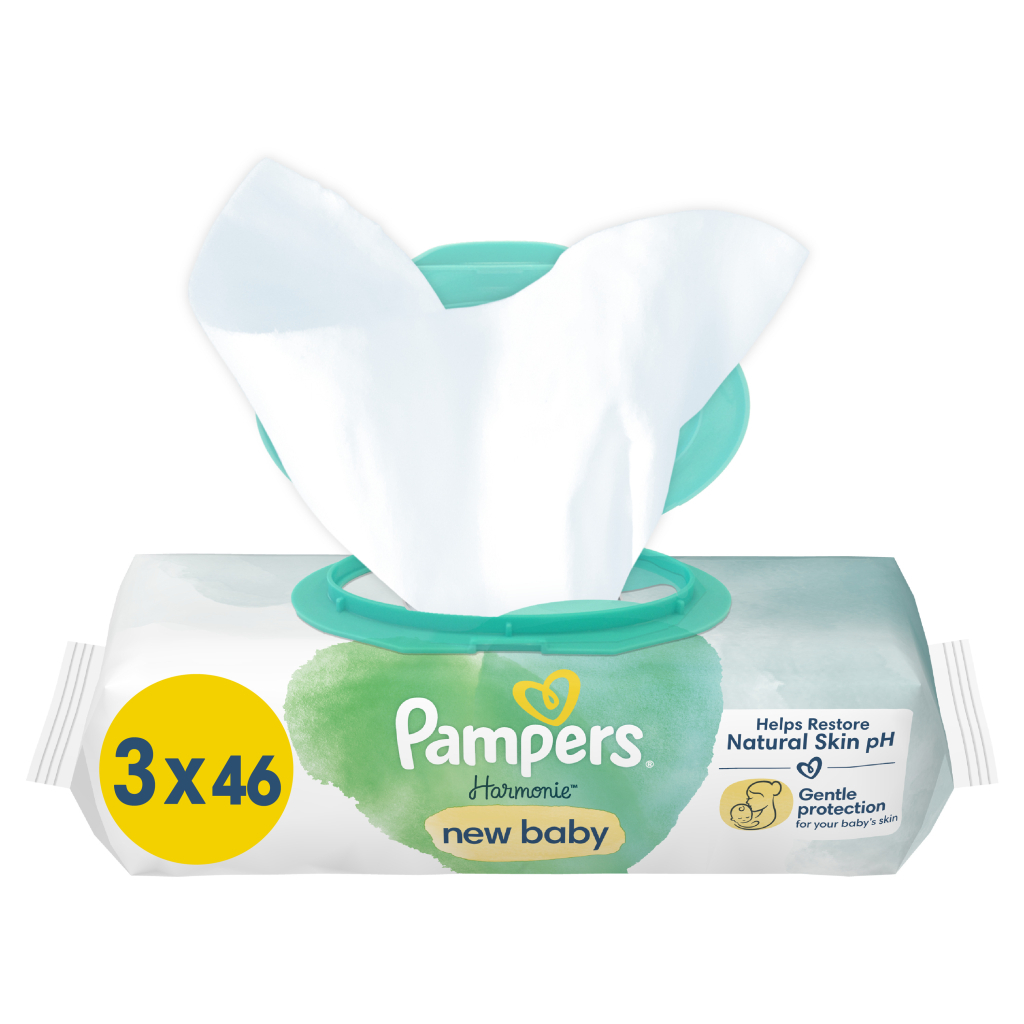 Дитячі вологі серветки Pampers Harmonie New baby 3 пачки х 46 шт (8700216201025) - зображення 1