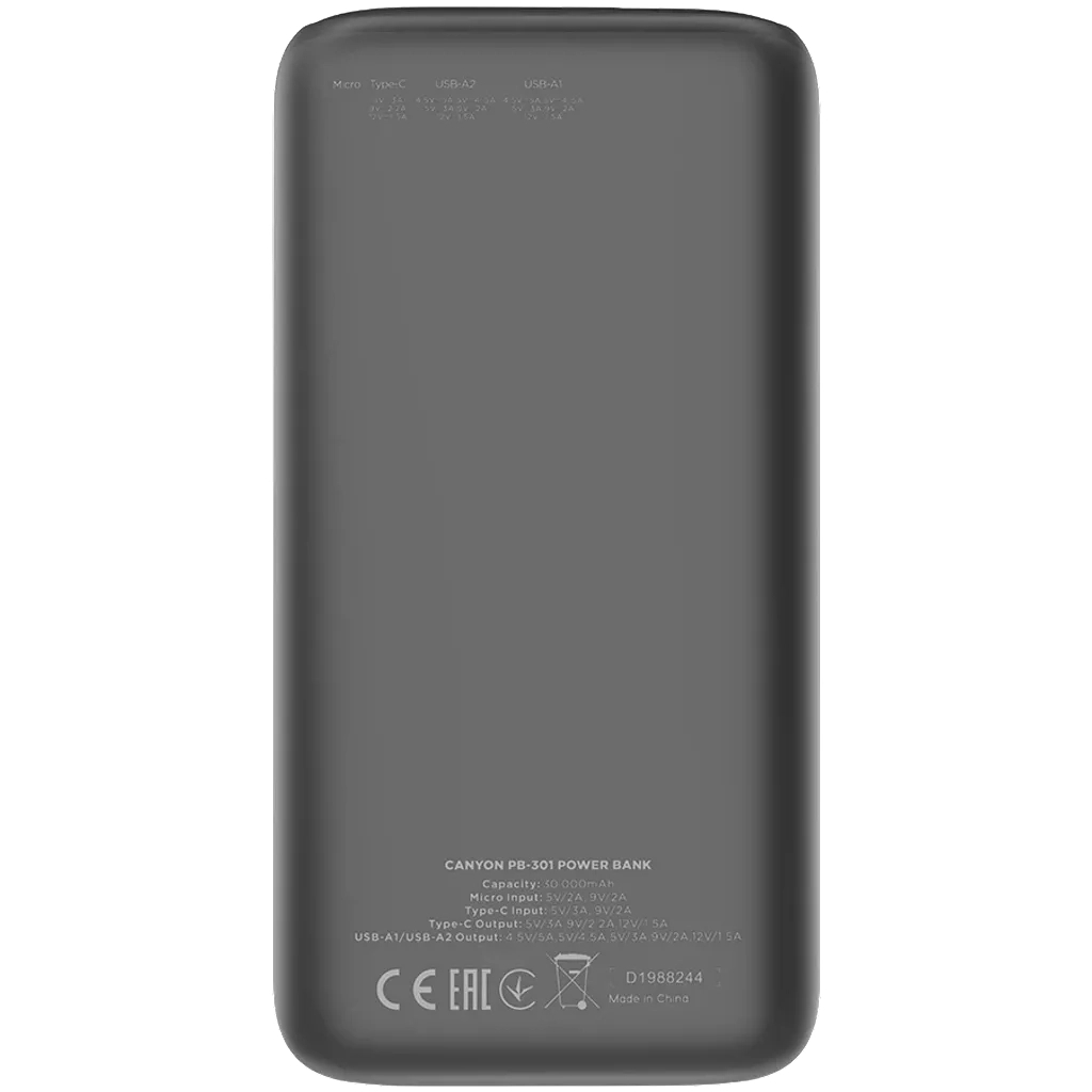 Батарея універсальна Canyon PB-301 30000mAh PD/20W, QC/3.0 (CNE-CPB301B) - зображення 2