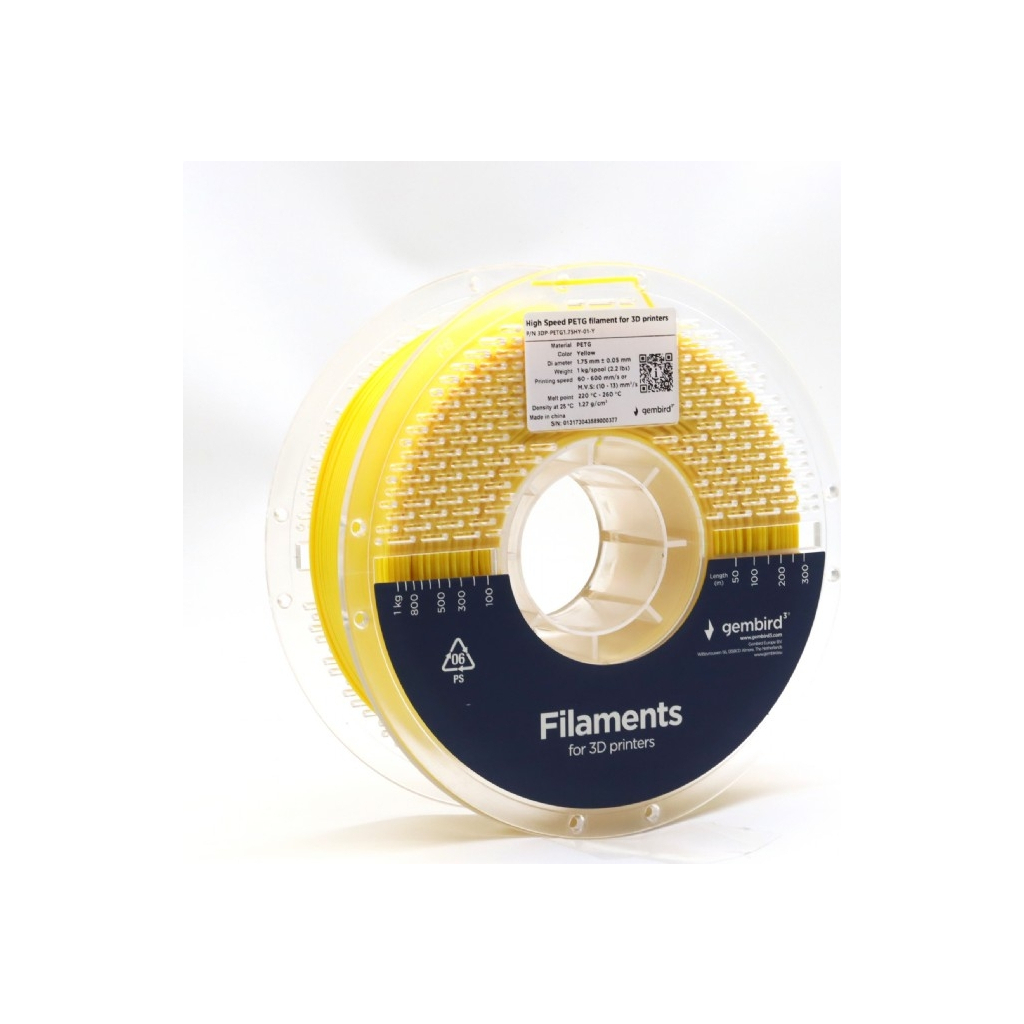 Пластик для 3D-принтера Gembird PETG High Speed, 1.75 мм, 1 кг, yellow (3DP-PETG1.75HY-01-Y) - изображение 2