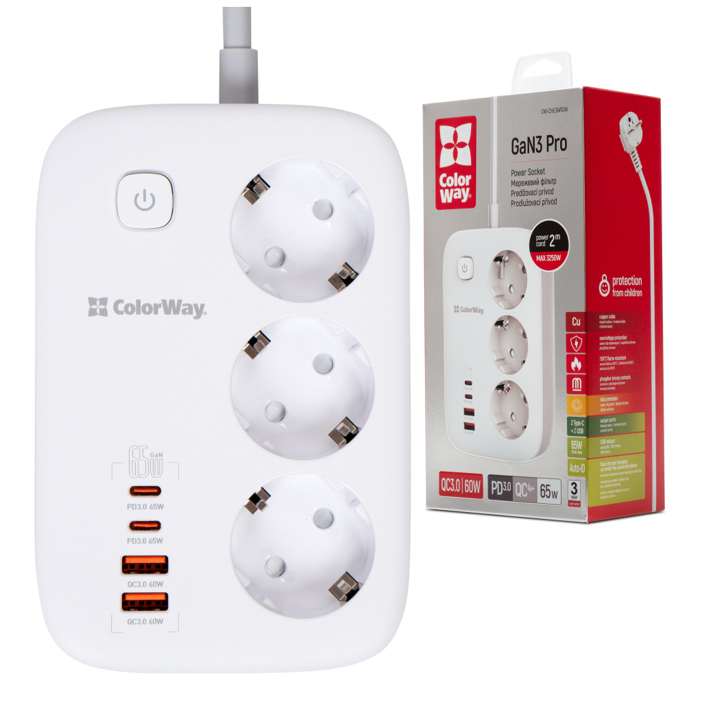 Мережевий фільтр живлення ColorWay CW-CHE34PDW 3 розетки/4USB (CW-CHE34PDW) - зображення 5