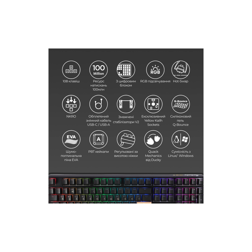 Клавіатура Ducky One 3 TKL Cherry MX Silent Red RGB UA USB Black (DKON2187ST-SUAPXCLAWSC1) - зображення 4
