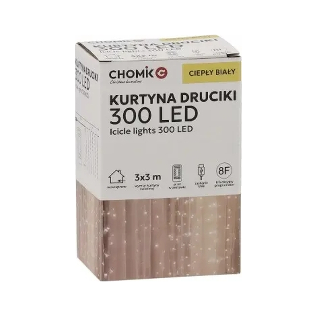 Гірлянда Chomik Штора 3 х 3 м 300 LED Теплий білий USB з пультом (5900779879997) - зображення 2