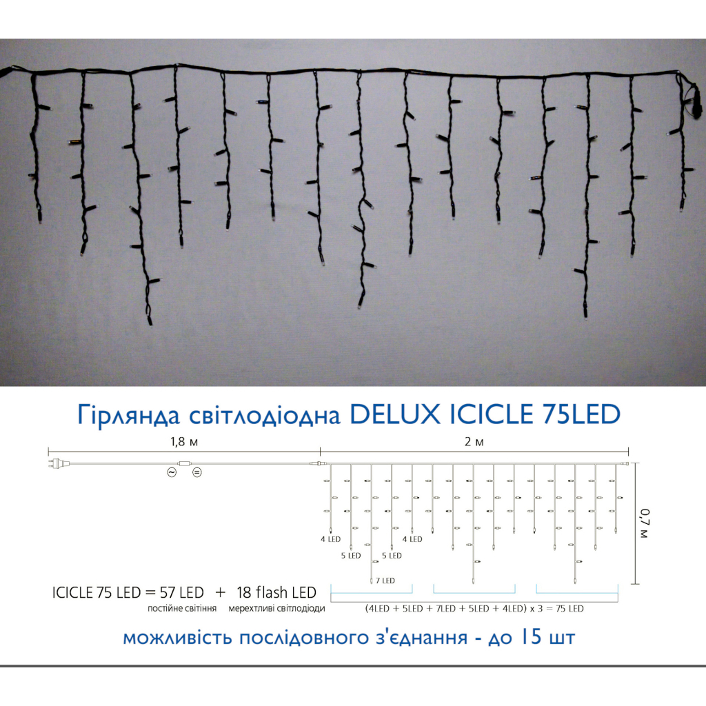 Гірлянда Delux Icicle 75LED 2x0.7m 18 біл. flash теплий білий/чорний IP44 EN (90015185) - зображення 3