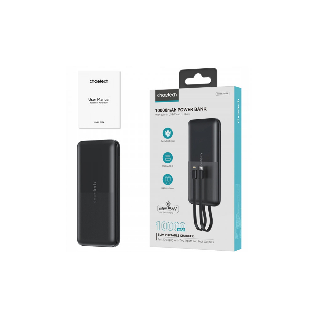 Батарея універсальна Choetech 10000mAh 22,5W, MicroUSB, USB-A, USB-C, build-in USB-C/Lightning cable (B654-BK) - зображення 3
