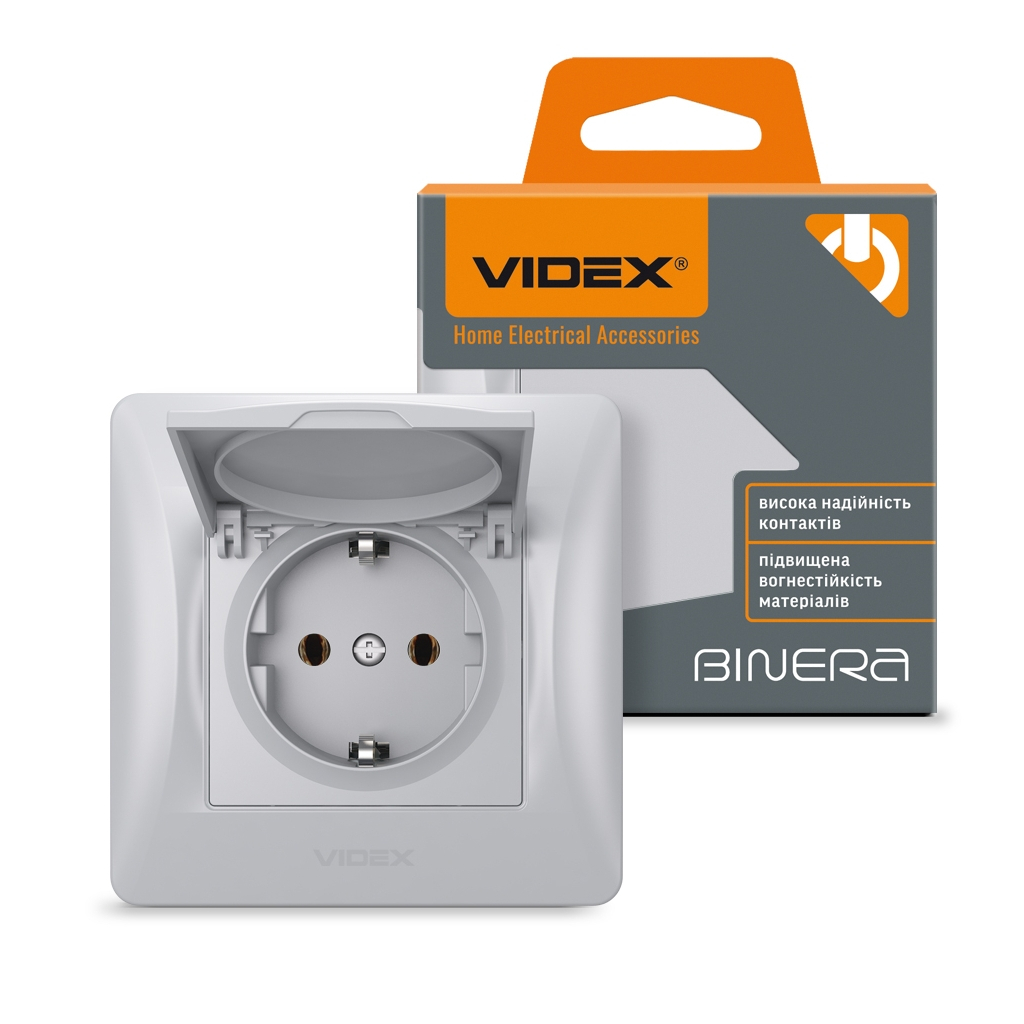 Розетка Videx BINERA 1ая із заземленням і кришкою сріб (VF-BNSK1GС-SS) - изображение 4