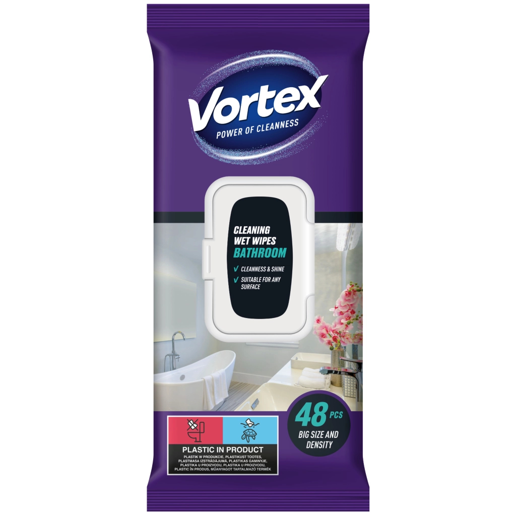 Серветки для прибирання Vortex Вологі Для ванної кімнати З клапаном 48 шт. (4823071641233) - изображение 1