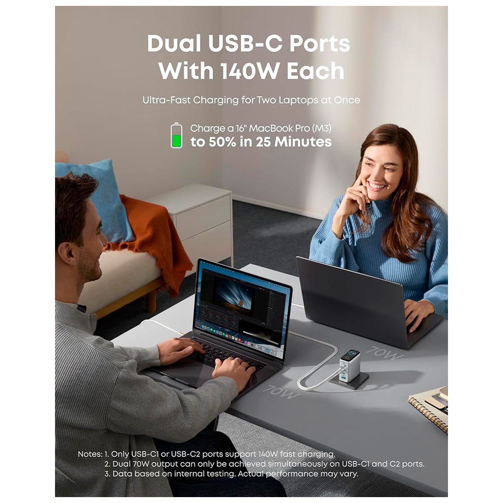 Зарядний пристрій Anker Laptop GaN 140W 3xUSB-C PD3.1 + USB-A + display + cable Silver (B2697G41) - зображення 3