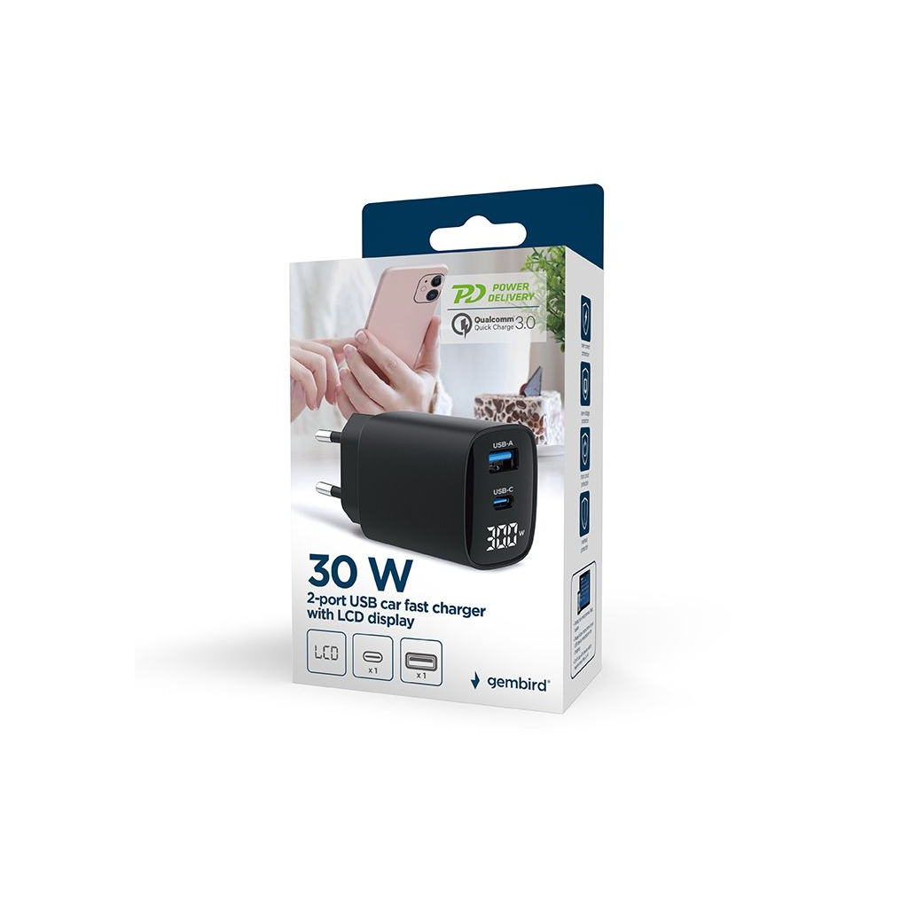 Зарядний пристрій Gembird 1xUSB-A (QC3.0 18W) + 1 Type-C (PD20W) LCD black (TA-UC-PDQC30LCD-BK-01) - зображення 6