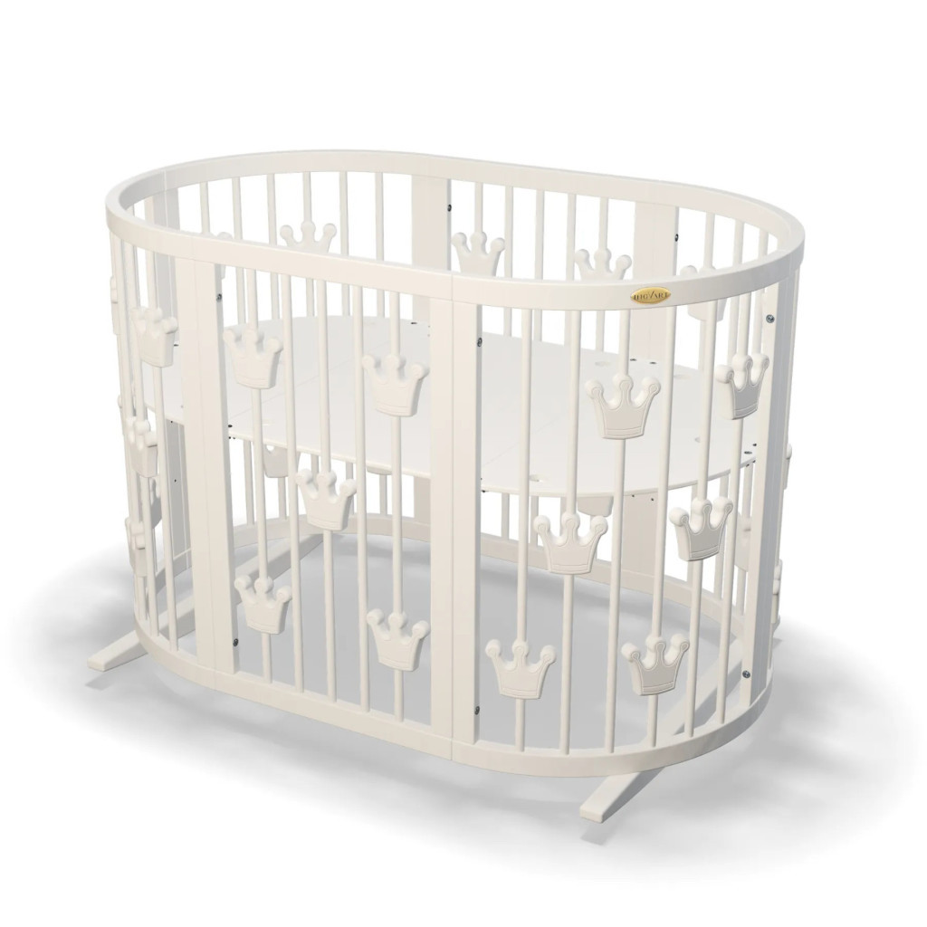 Ліжечко Ingvart трансформер Smart Bed Oval (60х72, 60х120, 60х168 см) молочне з декором "Корони" (1219001) - зображення 1