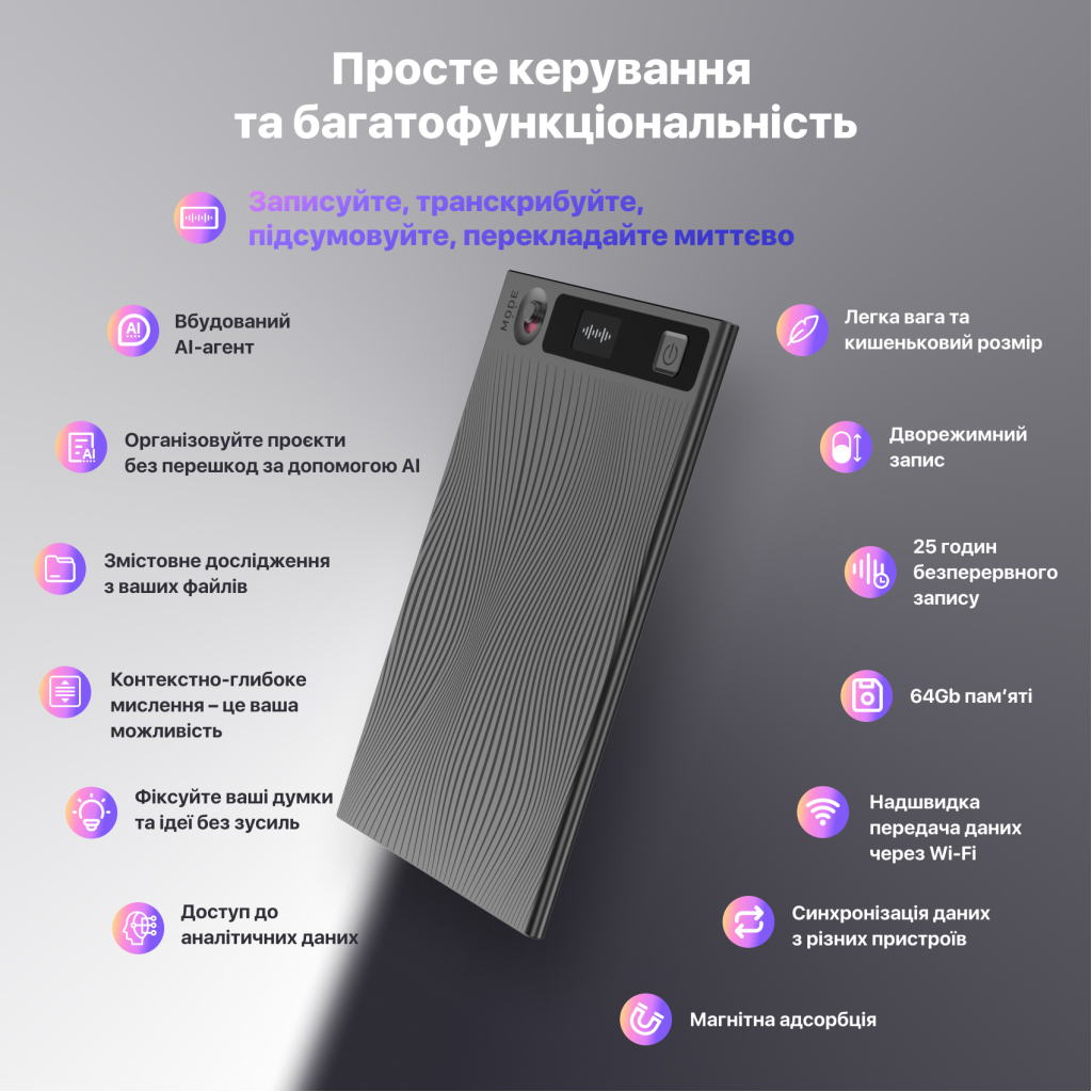 Цифровий диктофон Mobvoi TicNote with IA Shadow 64GB Black (NE-79) - picture 8