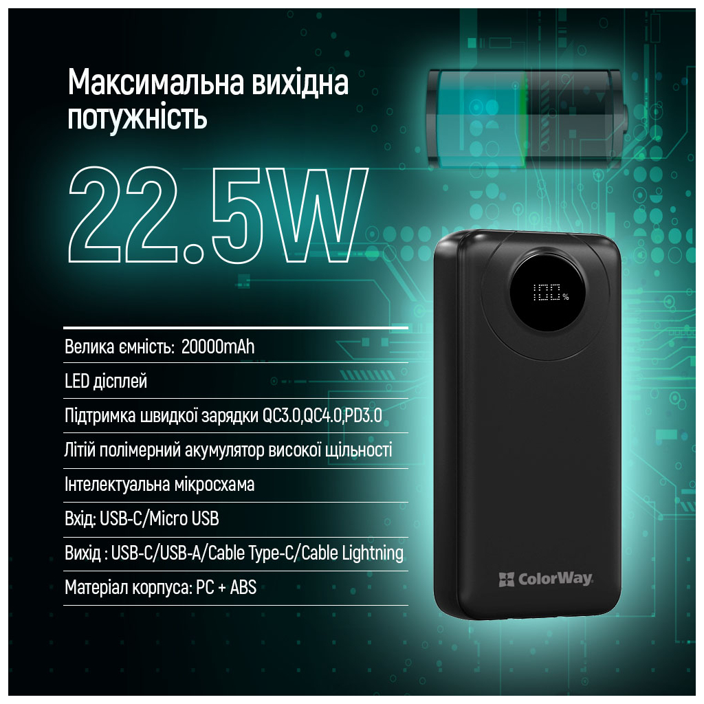 Батарея універсальна ColorWay 20 000 mAh EnergyPlus PD/18W, QC3.0/22.5W, Black (CW-PB200LPB4BK-PDD) - зображення 10