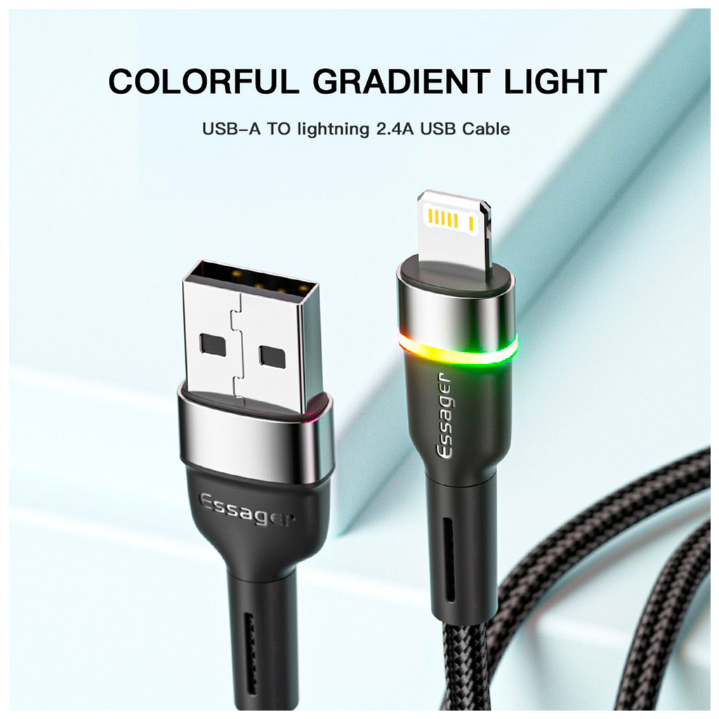 Дата кабель USB 2.0 AM to Lightning 2.0m 2.4A LED black Essager (EXCL-XCDA01) - зображення 4