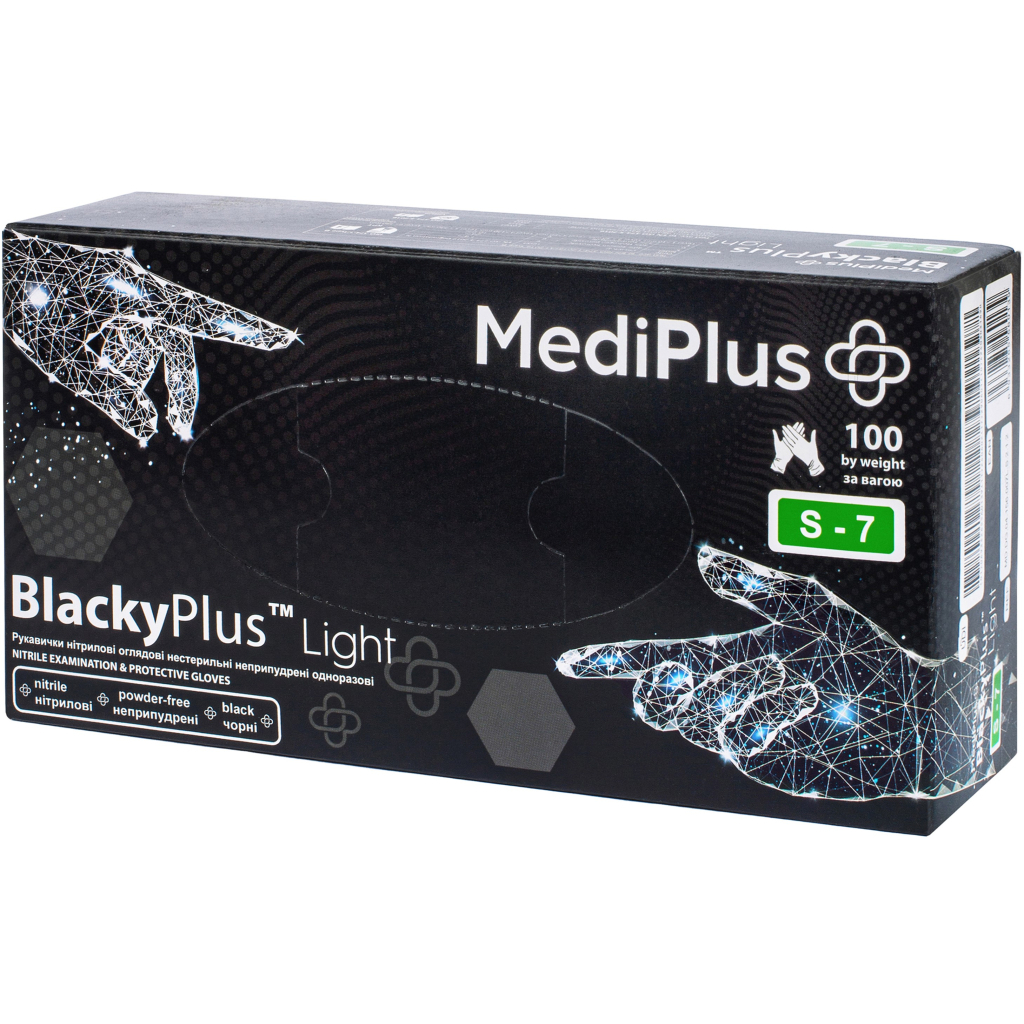 Медичні рукавички MediPlus BlackyPlus Light Нітрилові оглядові нестерильні неприпудрені Чорні Розмір S 100 шт. (6970245754492) - зображення 1