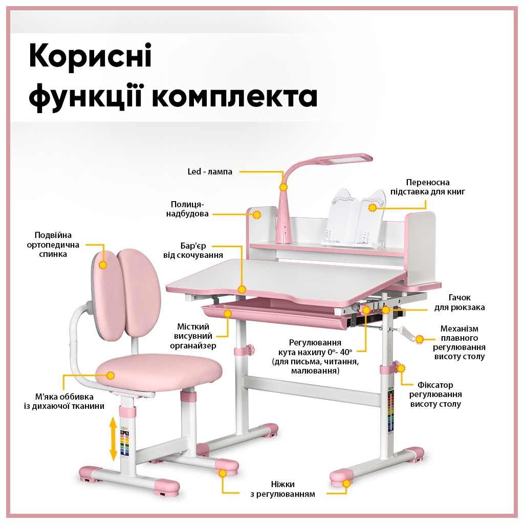 Парта зі стільцем ErgoKids Pink  (+ поличка та лампа) (BD-24 PN) - изображение 4