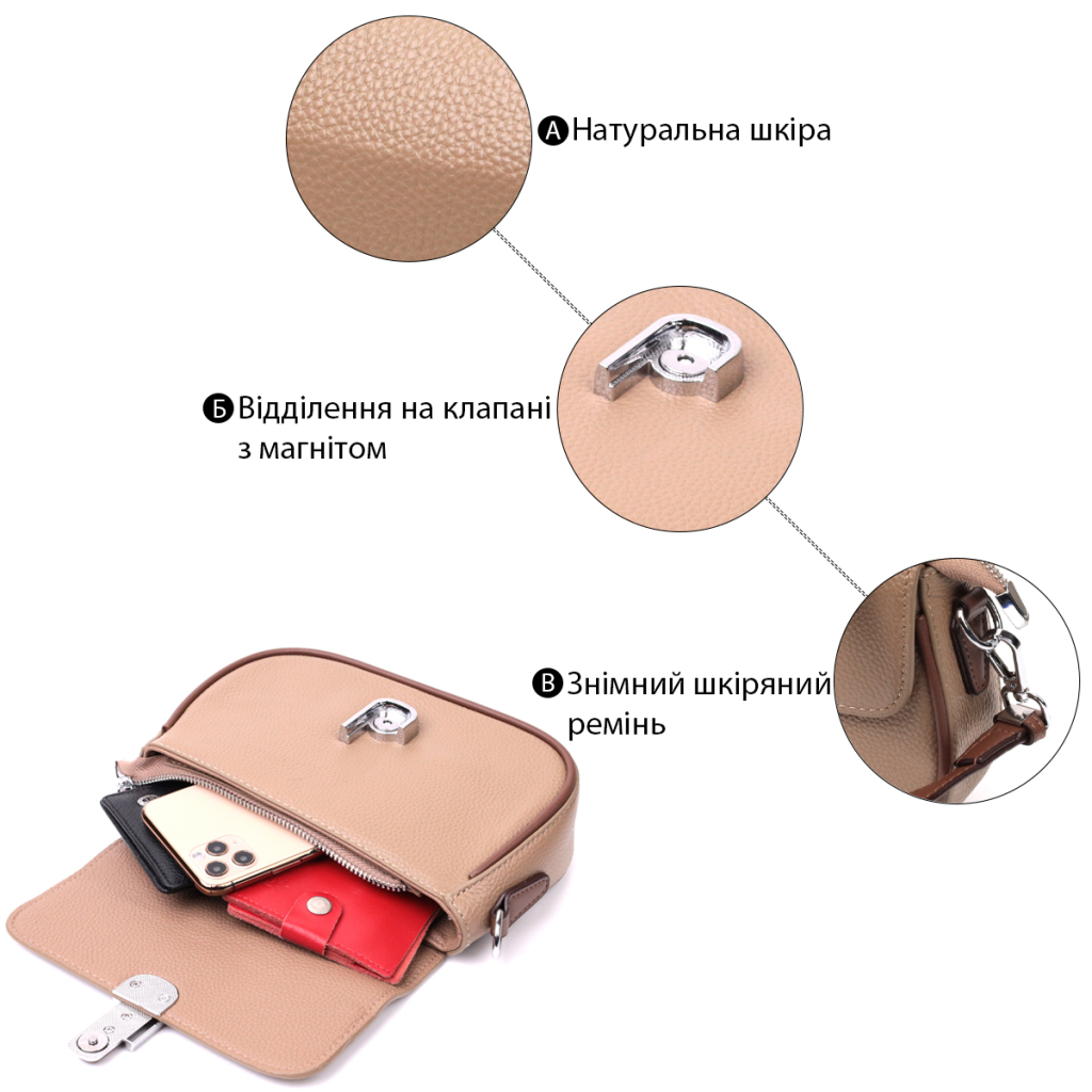 Сумка Vintage Жіноча напівкругла з магнітом-засувкою з натуральної шкіри Бежева (22440) - зображення 5