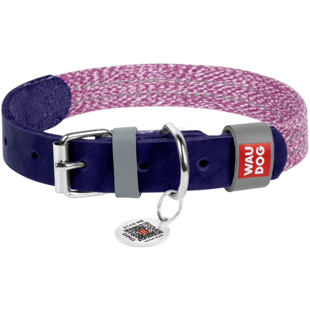 Нашийник для тварин WAUDOG Classic зі шкіри та відновленої бавовни M 20 мм х 30-39 см фіолетовий (58929) - зображення 1