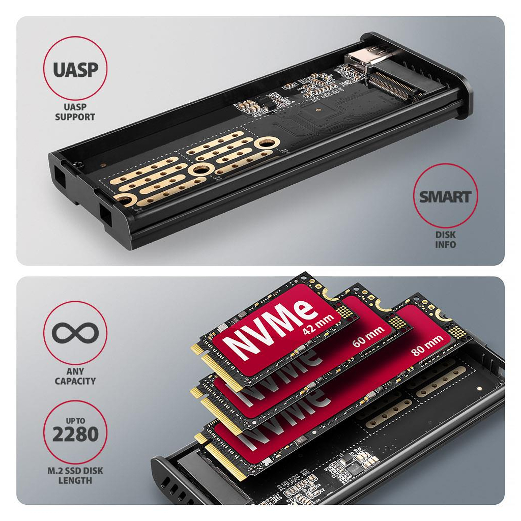 Кишеня зовнішня AXAGON USB-C 10Gbps metal box with info display for M.2 NVMe & SATA SSD (EEM2-SD2) - зображення 6