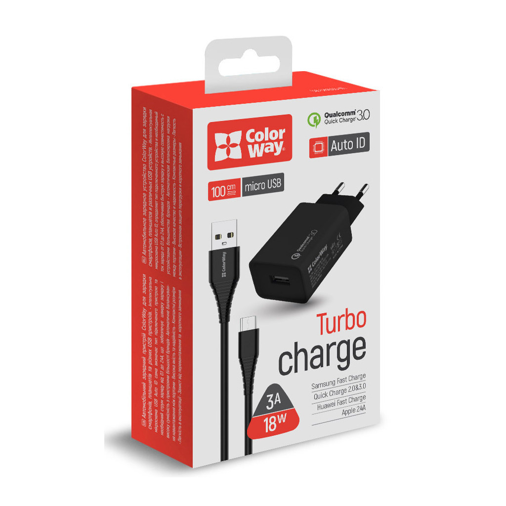 Зарядний пристрій ColorWay 1USB Quick Charge 3.0 (18W) black + cable micro USB (CW-CHS013QCM-BK) - зображення 8