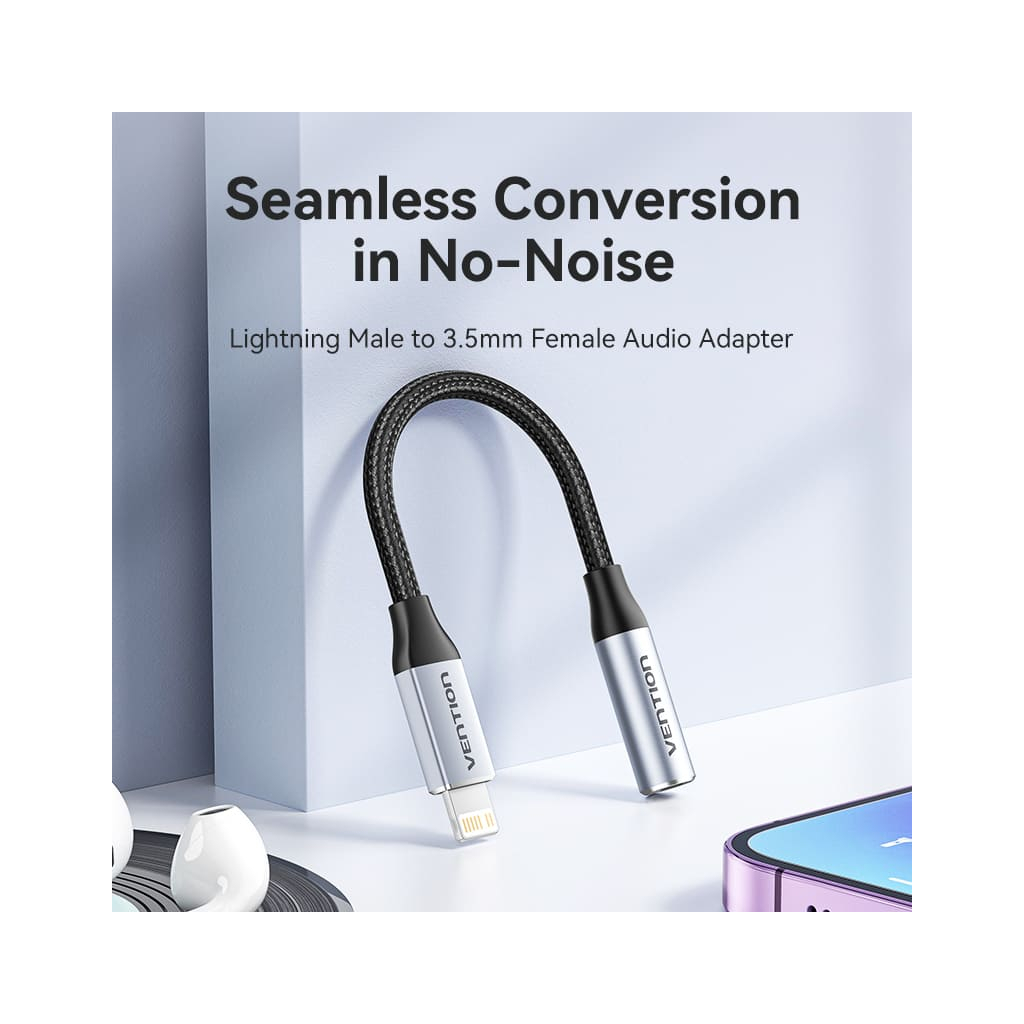 Перехідник Lightning to 3.5mm 0.1m cotton braided aluminum gray Vention (BMBHA) - изображение 4