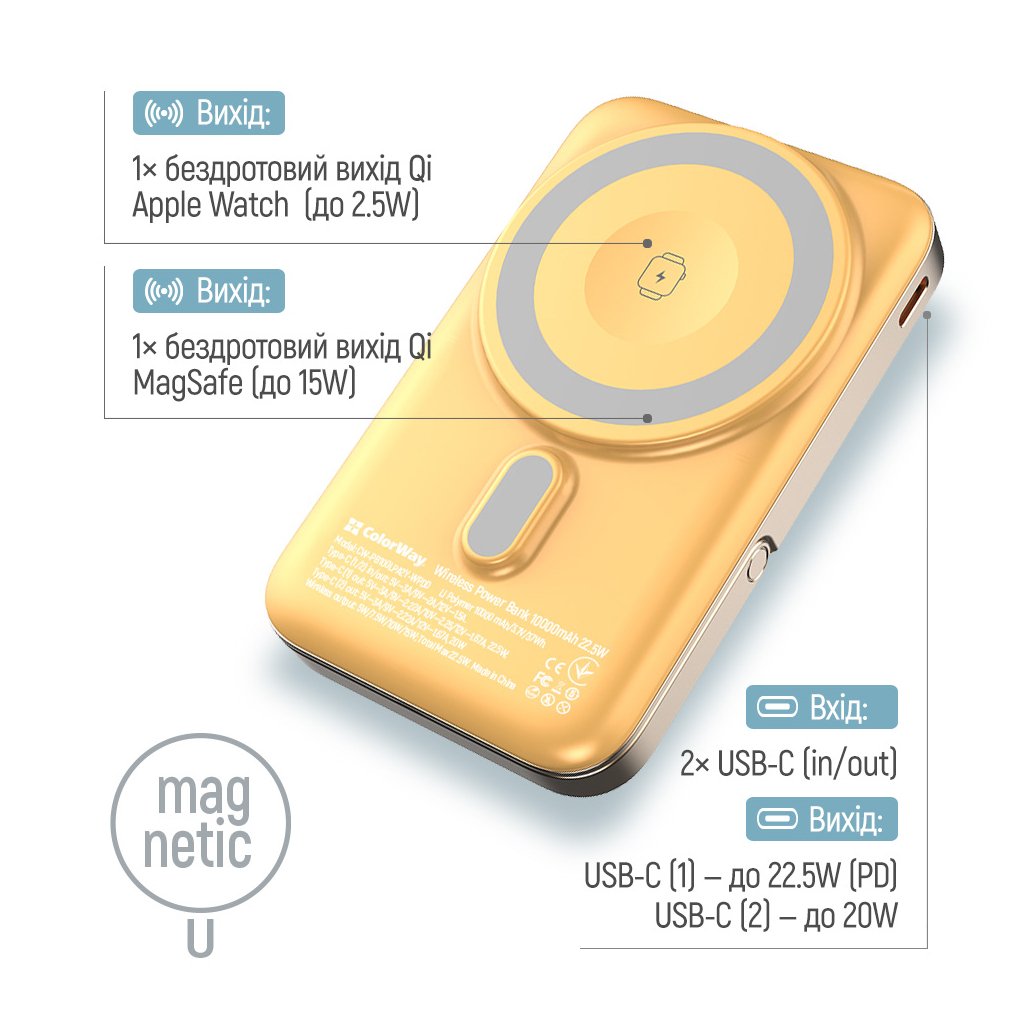Батарея універсальна ColorWay 10 000 mAh PD/22.5W, 15W MagSafe & Watch Wireless Amber (CW-PB100LPA2Y-WPDD) - изображение 7