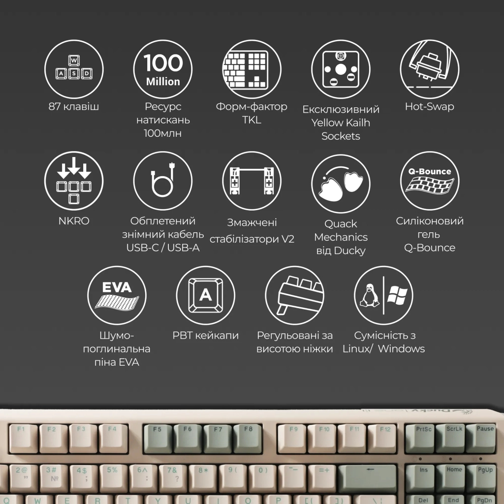 Клавіатура Ducky One 3 TKL Cherry MX Brown UA USB Cream (DKON2187-BUAPXМAEGGC1) - зображення 4