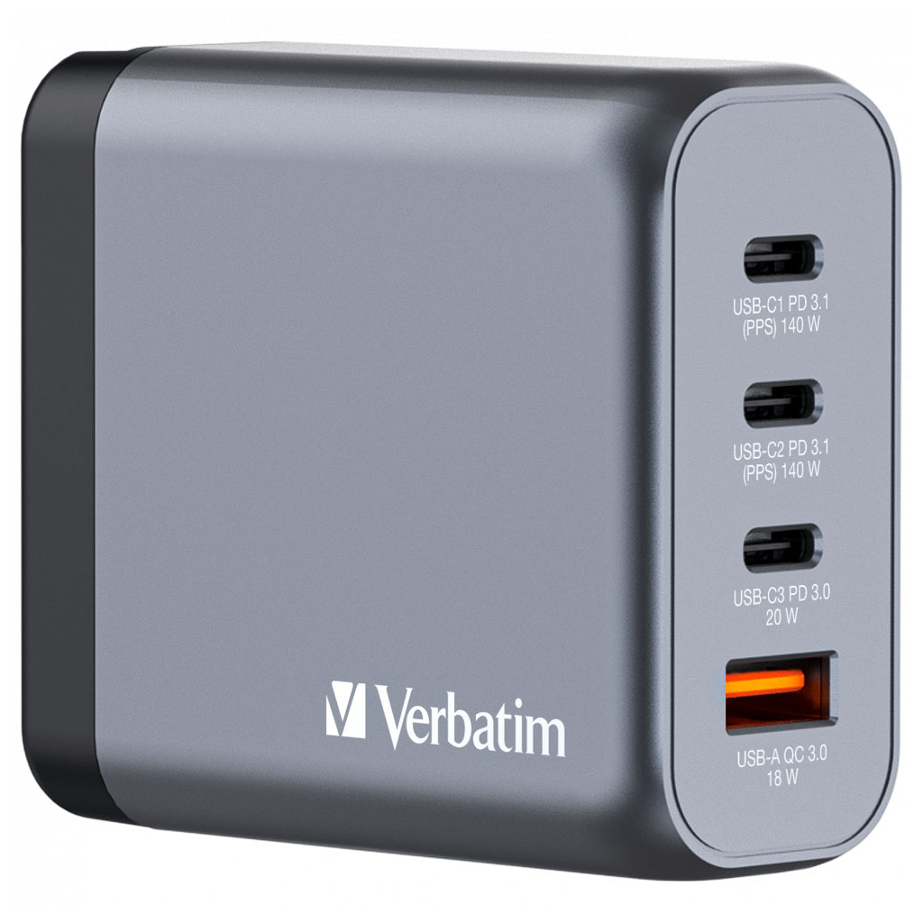 Зарядний пристрій Verbatim GaN 140 W 4 ports (2xUSB-C-140 W,USB-C 20 W /USB-A -3.0) (32203) - зображення 1