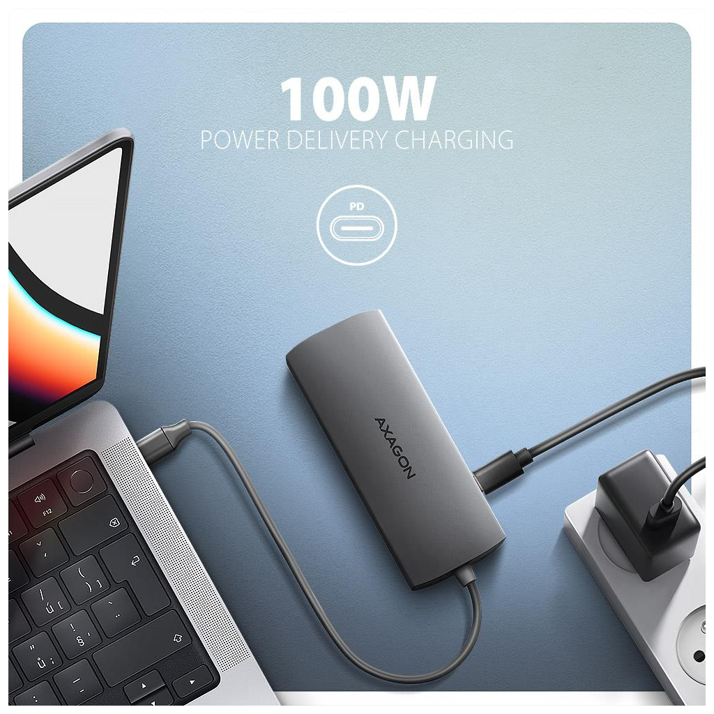 Концентратор AXAGON USBC to 3xUSB-A + HDMI + RJ45 + SD/microSD + audio + PD 100W 0.2m grey (HMC-8HLSA) - зображення 5