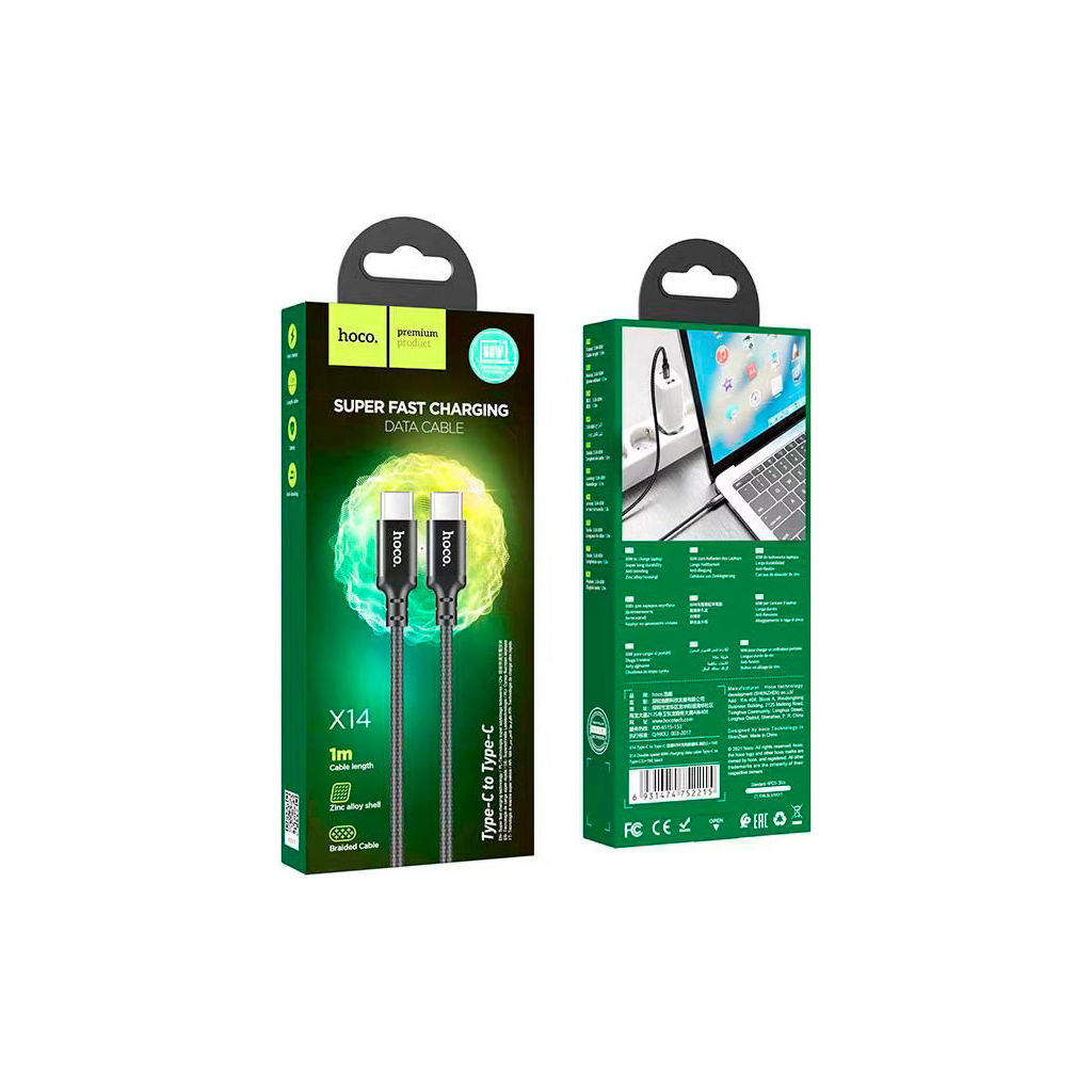 Дата кабель USB-C to USB-C 1.0m 60W nylon X14 black HOCO (6931474752215) - зображення 7