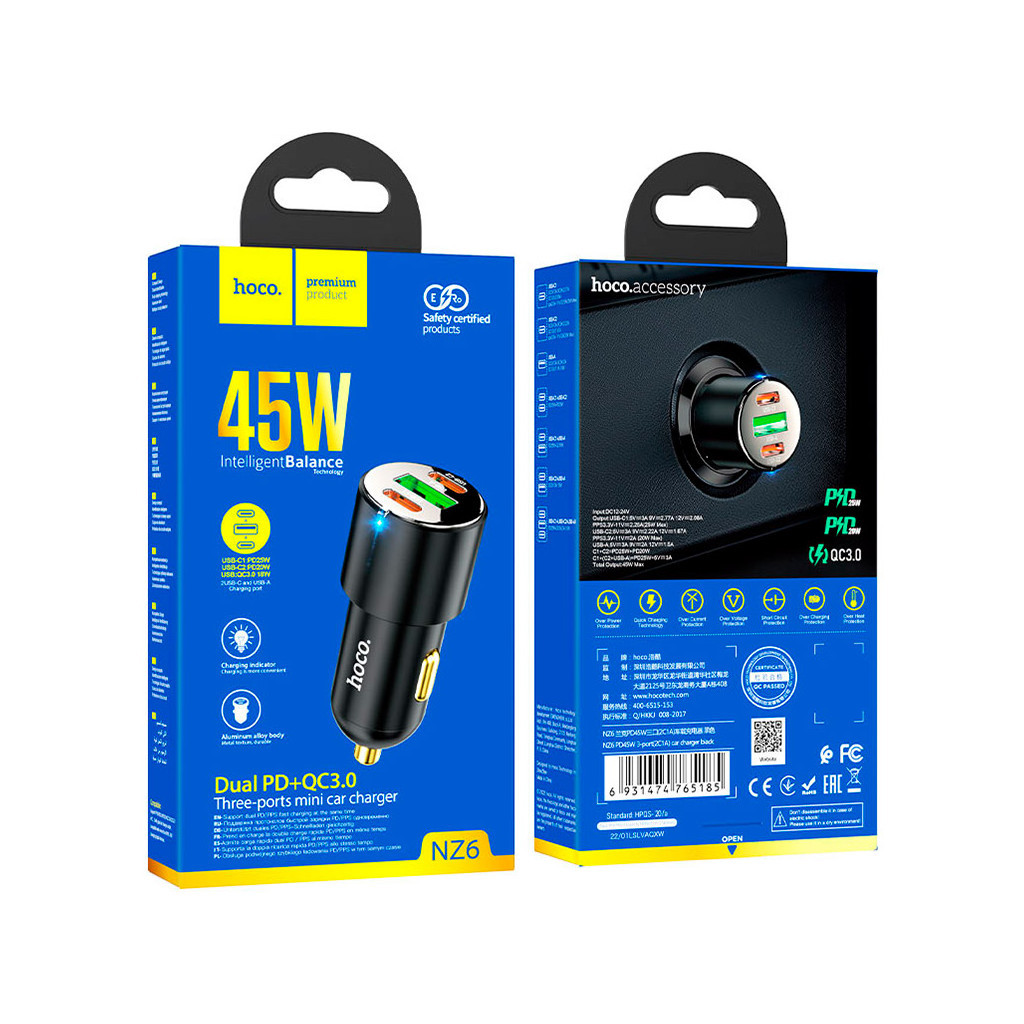 Зарядний пристрій HOCO NZ6 2xType-C, USB-A Black (6931474765185) - зображення 5