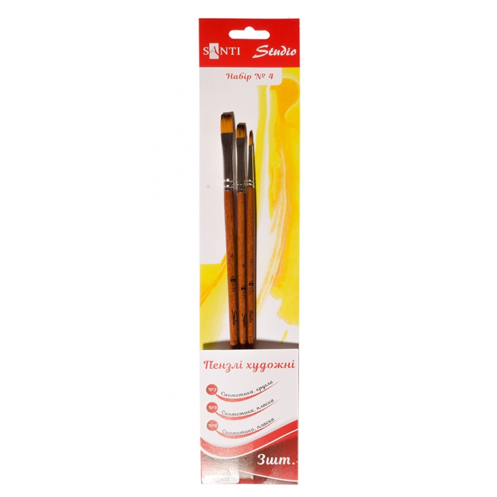 Пензлик для малювання Santi набір художніх №4, синтетика, 1шт кругла (№2), 2шт плоскі (№4,8), коротка ручка (310837) - зображення 1