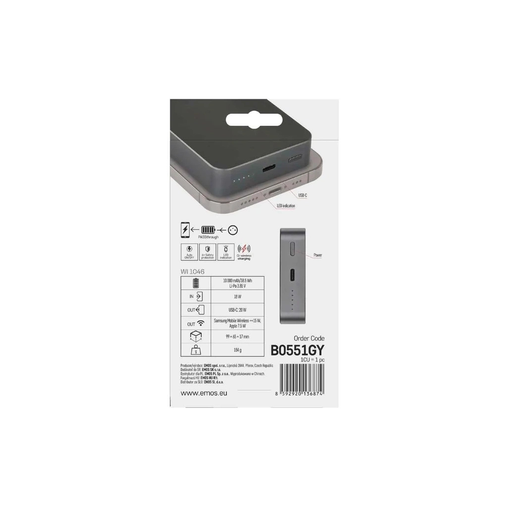 Батарея універсальна EMOS 10000mAh WI1046, 20W, Wireless, grey (B0551GY) - picture 12