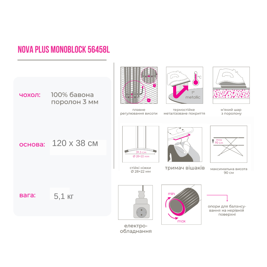 Прасувальна дошка Eurogold Nova Plus Monoblock Blue (56458L) - зображення 4