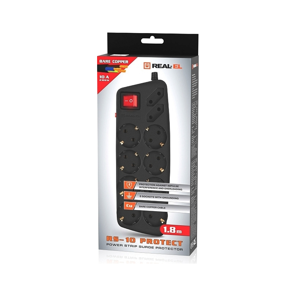 Мережевий фільтр живлення REAL-EL REAL-EL RS-10 Protect, 1.8m, black (EL122300038) - зображення 8