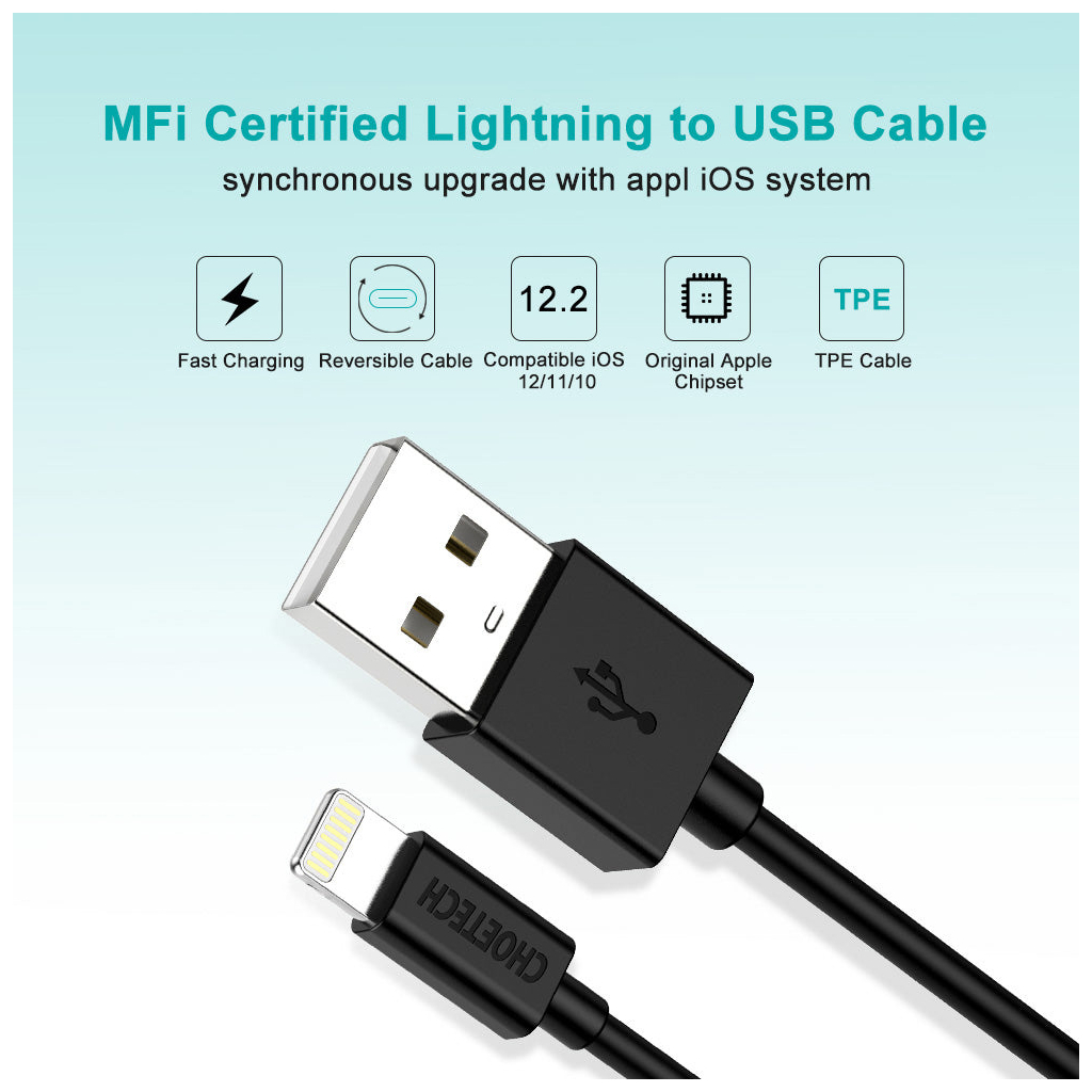 Дата кабель USB 2.0 AM to Lightning 1.2m 2.4A MFI Choetech (IP0026) - зображення 4