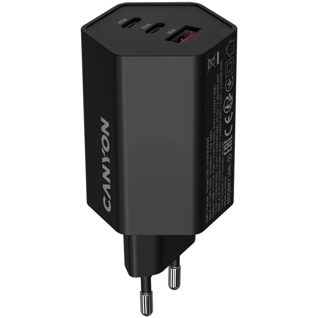 Зарядний пристрій Canyon HEXAGON 65 GaN 65W 2xPD 1xQC EU Black (CND-CHAHEX65B) - зображення 1