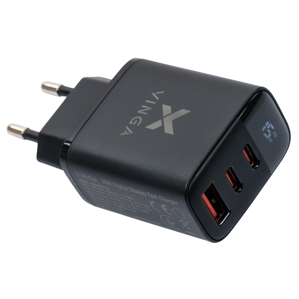 Зарядний пристрій Vinga 2xUSB-C PD30W + USB-A QC30W Display 30W Max (VCR30ACCDB) - зображення 6