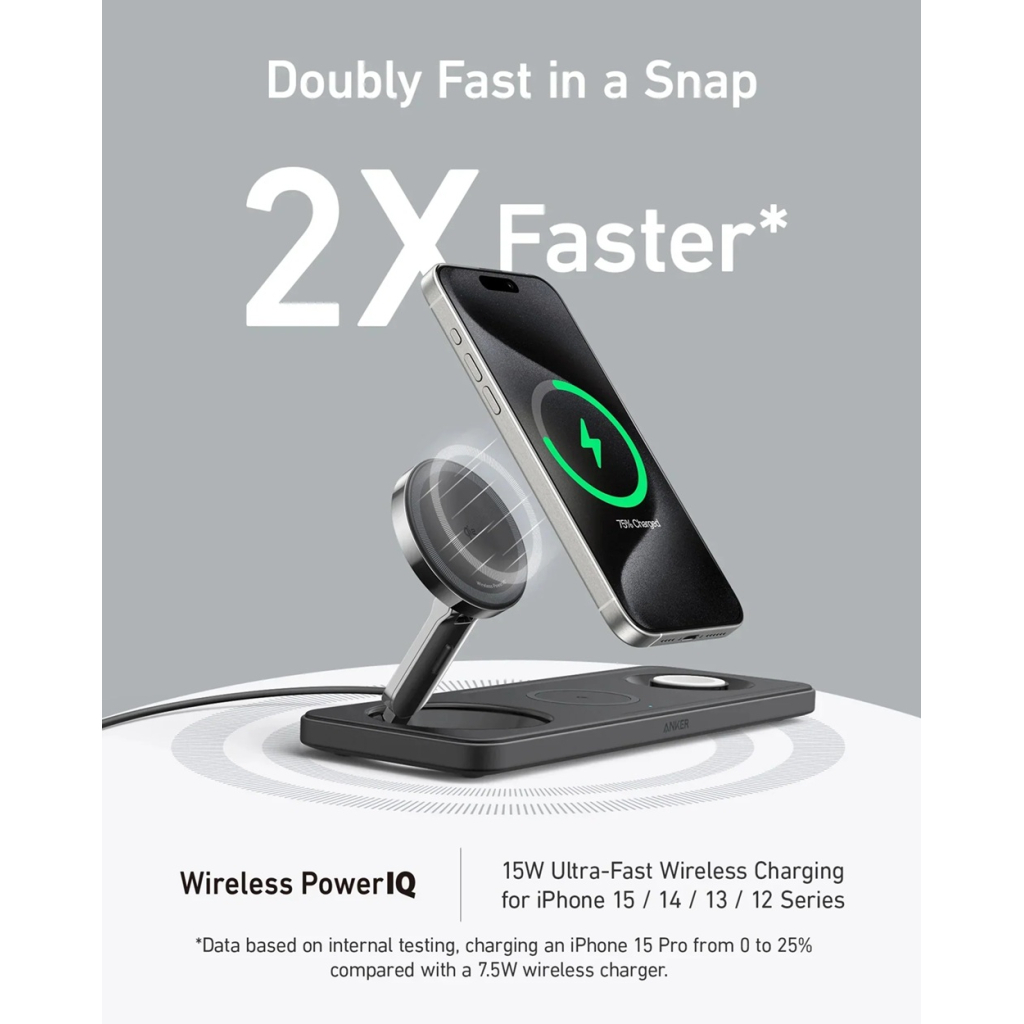 Зарядний пристрій Anker MagGo Wireless Charging Station 15W 3-in-1 Pad Black (B25M1311) - зображення 10