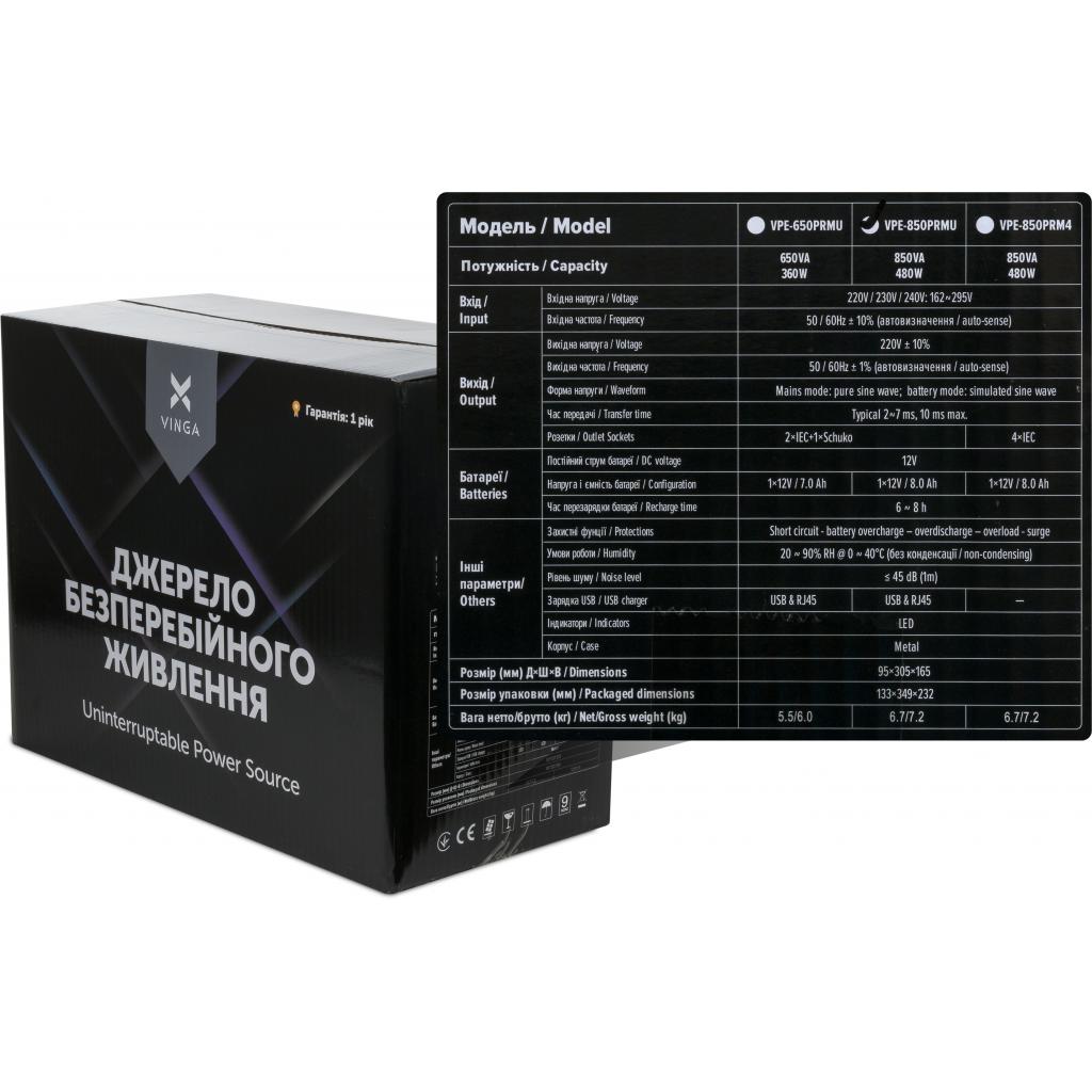 Пристрій безперебійного живлення Vinga LED 850VA metal case with USB (VPE-850PRMU) - зображення 6