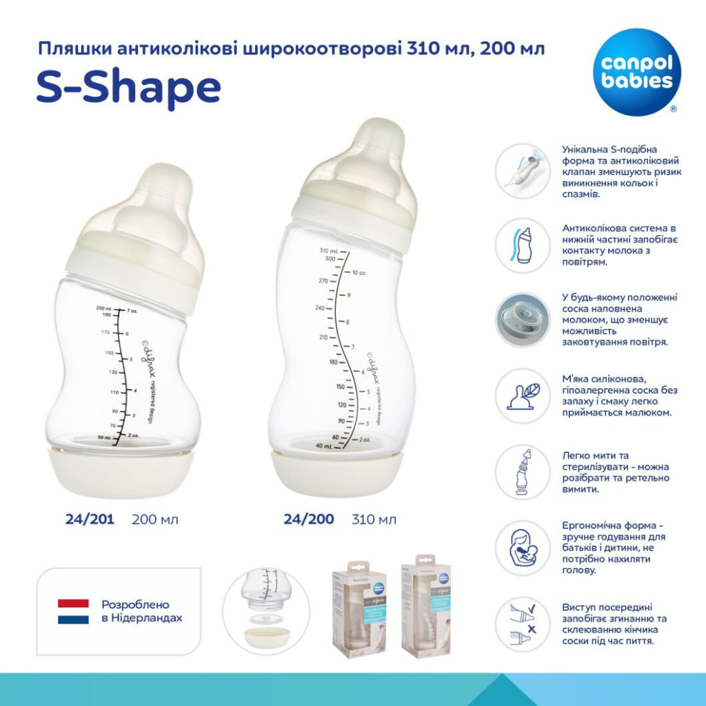 Пляшечка для годування Canpol babies S-Shape антиколікова широкоотворова 310 мл (24/200) - зображення 6