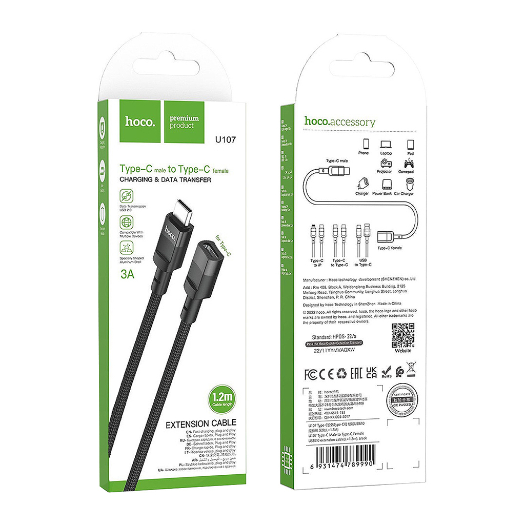 Дата кабель USB-C M/F 1.2m extension U107 black HOCO (6931474789990) - зображення 5