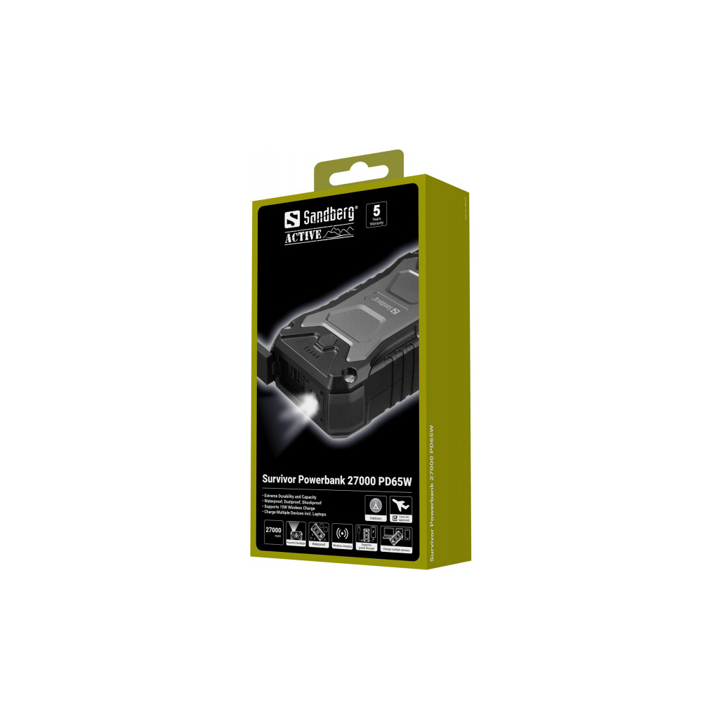 Батарея універсальна Sandberg 27000mAh Survivor PD/65W, IP66, LED Torch, QC/3.0/18W, QI-15W, Pass-Through Charging (420-99) - зображення 5