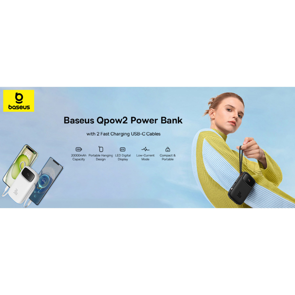 Батарея універсальна Baseus QPow2 20000mAh 30W, with 2*Type-C Cable, White (P10055009213-00) - зображення 9