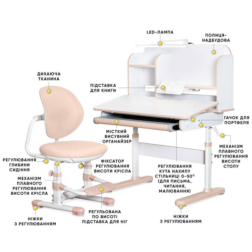 Парта зі стільцем Mealux Nemo XL Pink (полиця + лампа) (BD-39 PN) - зображення 2