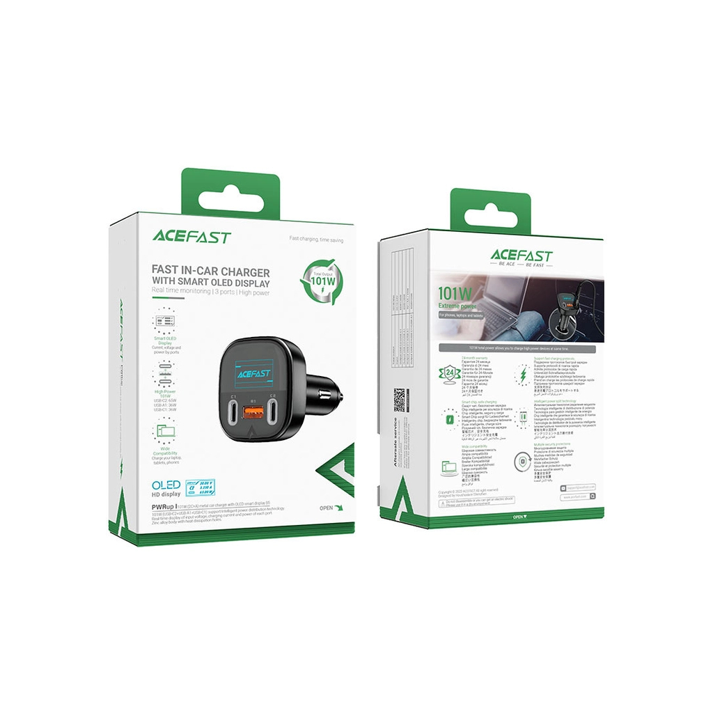 Зарядний пристрій Acefast B5 Car Charger 2xUSB-C + 1xUSB-A 101W OLED smart display Metal Black (6974316281436) - зображення 4