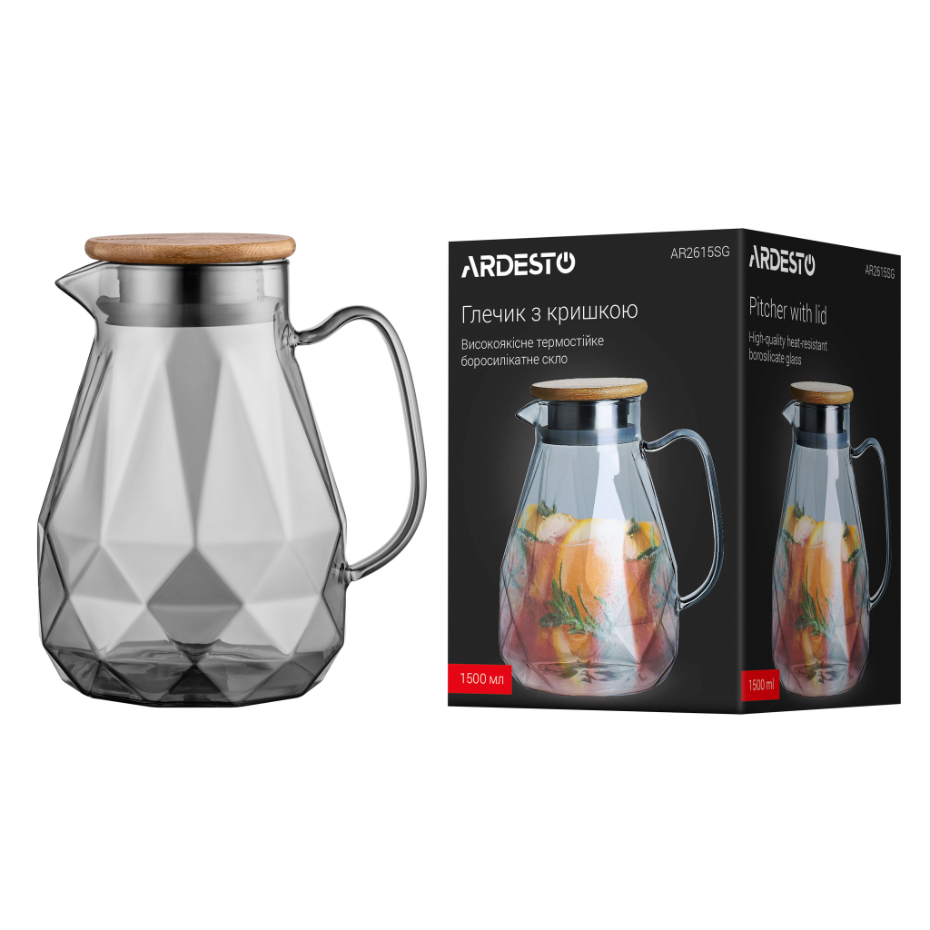 Глечик Ardesto Graphite, 1500мл, боросилікатне скло, бамбук, нержавіюча сталь, сірий (AR2615SG) - зображення 6